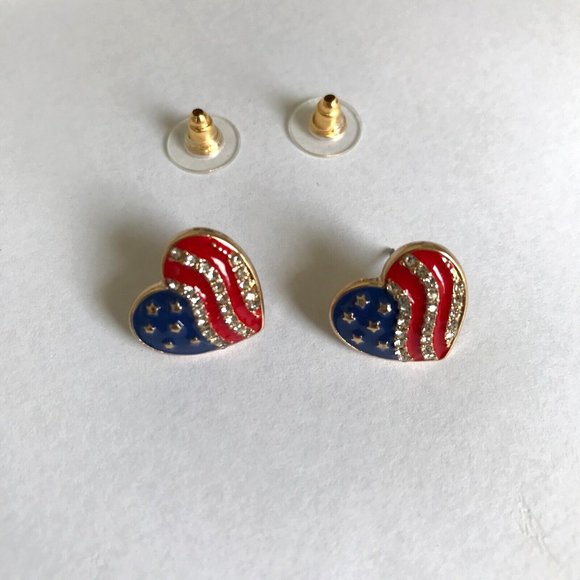 American Flag Earrings Posts Heart Shaped Labor Day July 4th Veterans Memorial - Picture 8 of 10
